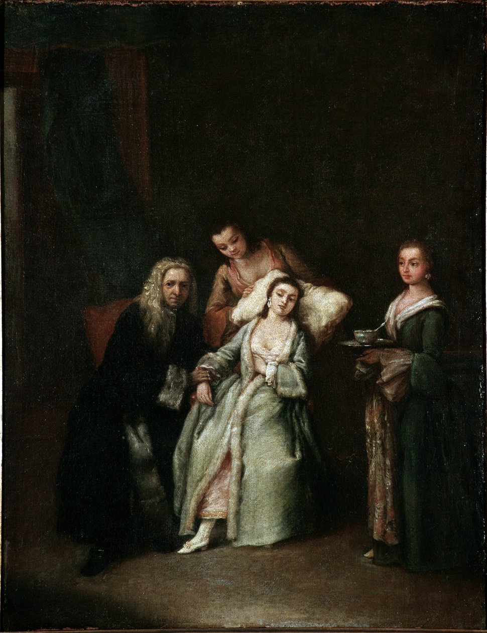 Den sjuka kvinnan Besök av läkaren som tar pulsen på de sjuka Målning av Pietro Longhi (1702-1785) 1741 Dim 52x41 cm Venedig, Ca Rezzonico, n 134 av Pietro Longhi