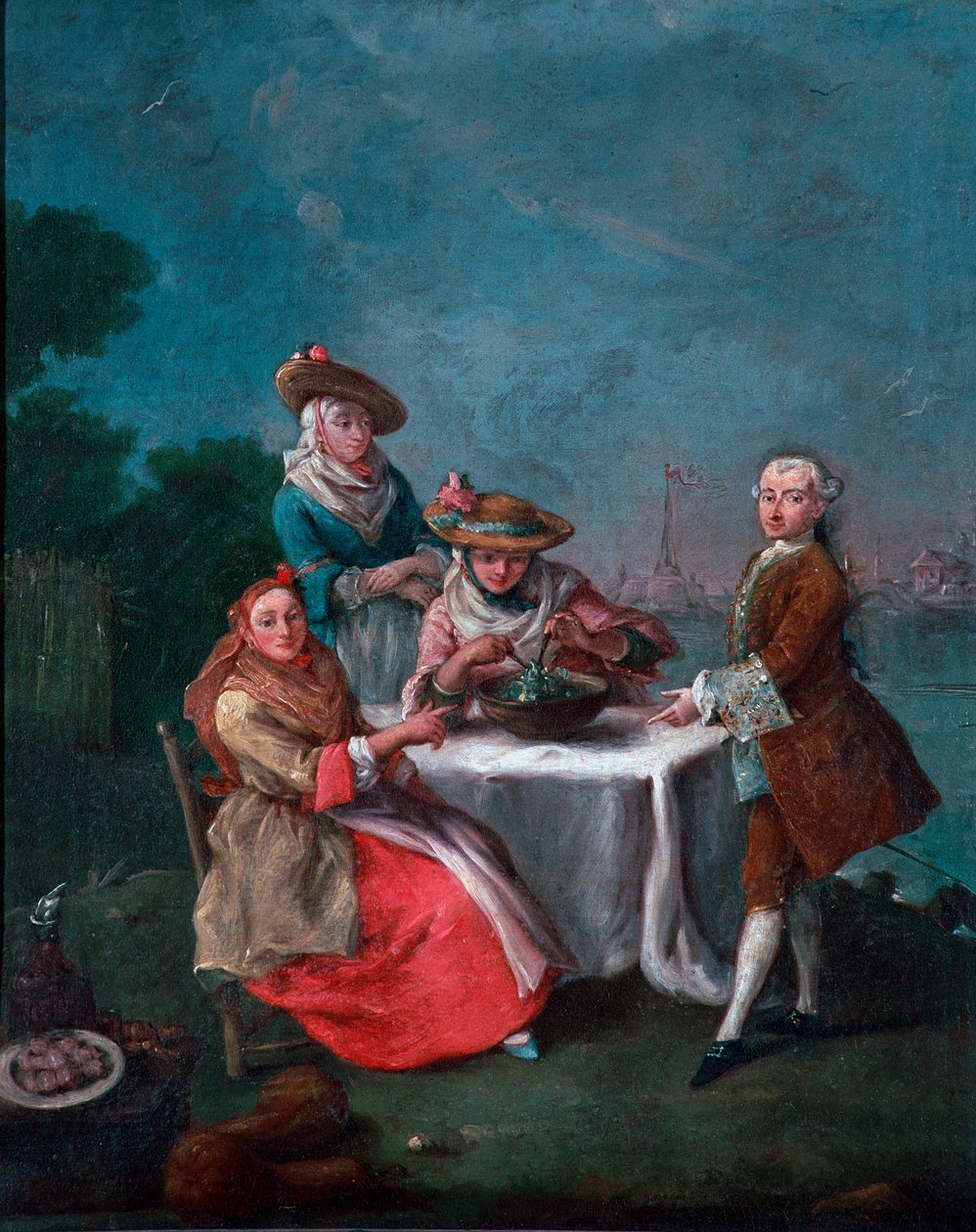 För att smaka på den i trädgårdarna vid den venetianska mynningen i Cartosa eller Vignole Två kvinnor i resedräkt, en av dem kryddade salladen. Målning av Pietro Longhi (1702-1785) 1759 ca. Sol. 62x50 cm vene, Ca 