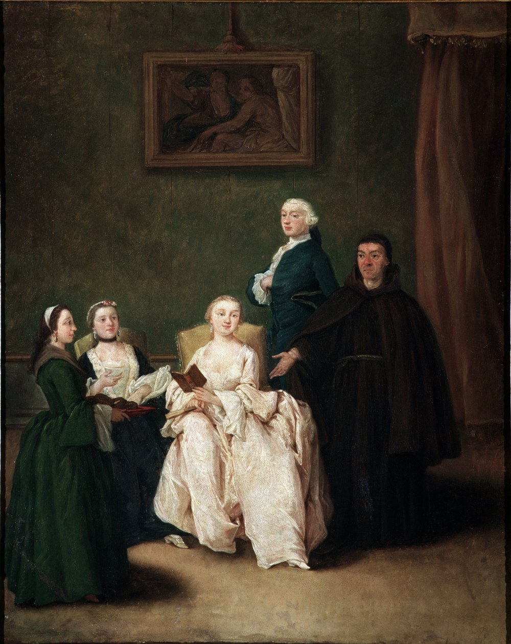 Munkens besök hos aristokratfamiljen Målning av Pietro Longhi (1702-1785) ca 1760 Dim 62x50 cm Venedig, Ca 