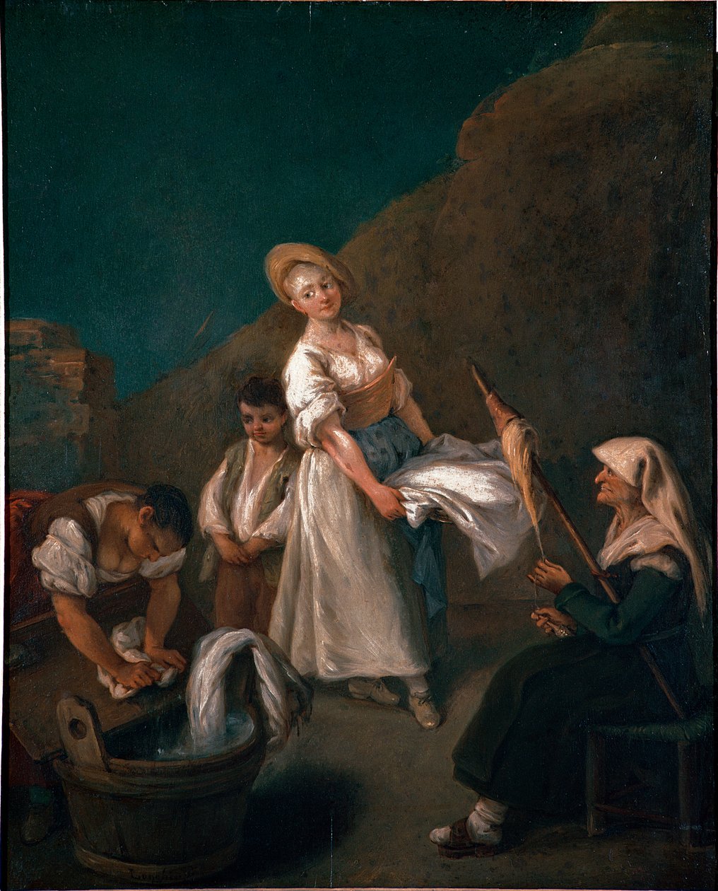 Unga kvinnor som tvättar tvätten i soporna, en äldre kvinna på rätt ull. Målning av Pietro Longhi (1702-1785) 1740 ca. Sol. 61x50 cm Venedig, Ca 