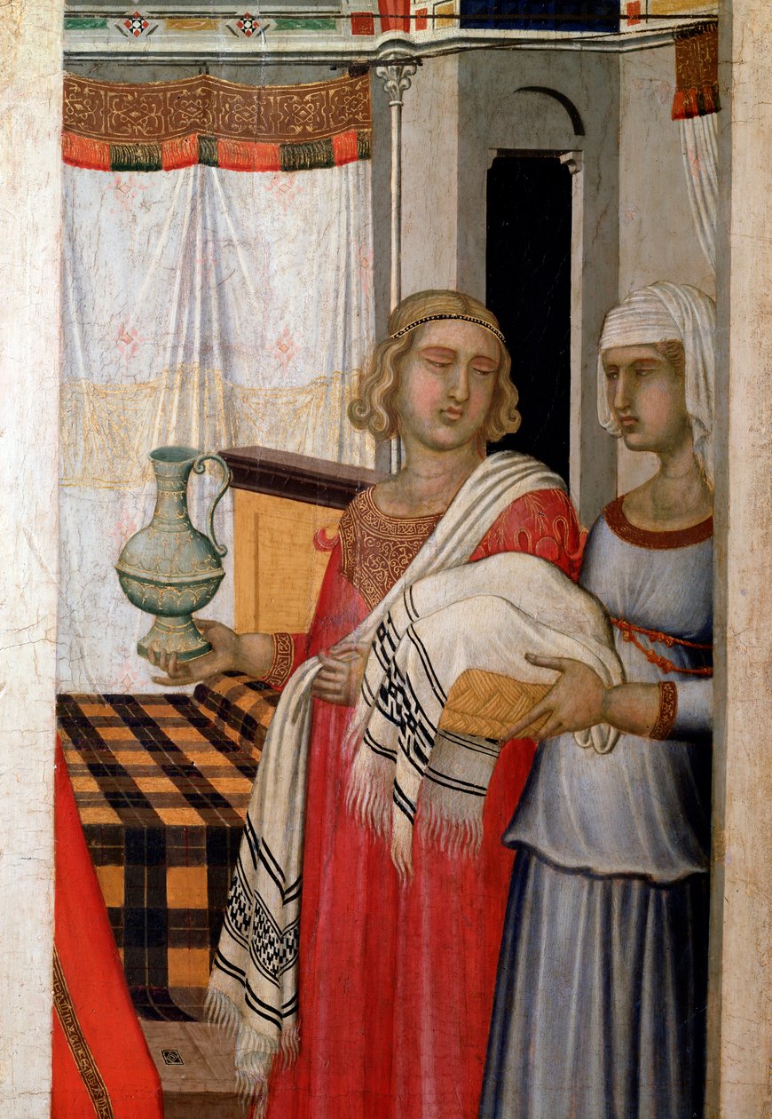 Jungfruns födelse, detalj av barnmorskorna med den födande - Trämålning av Pietro Lorenzetti
