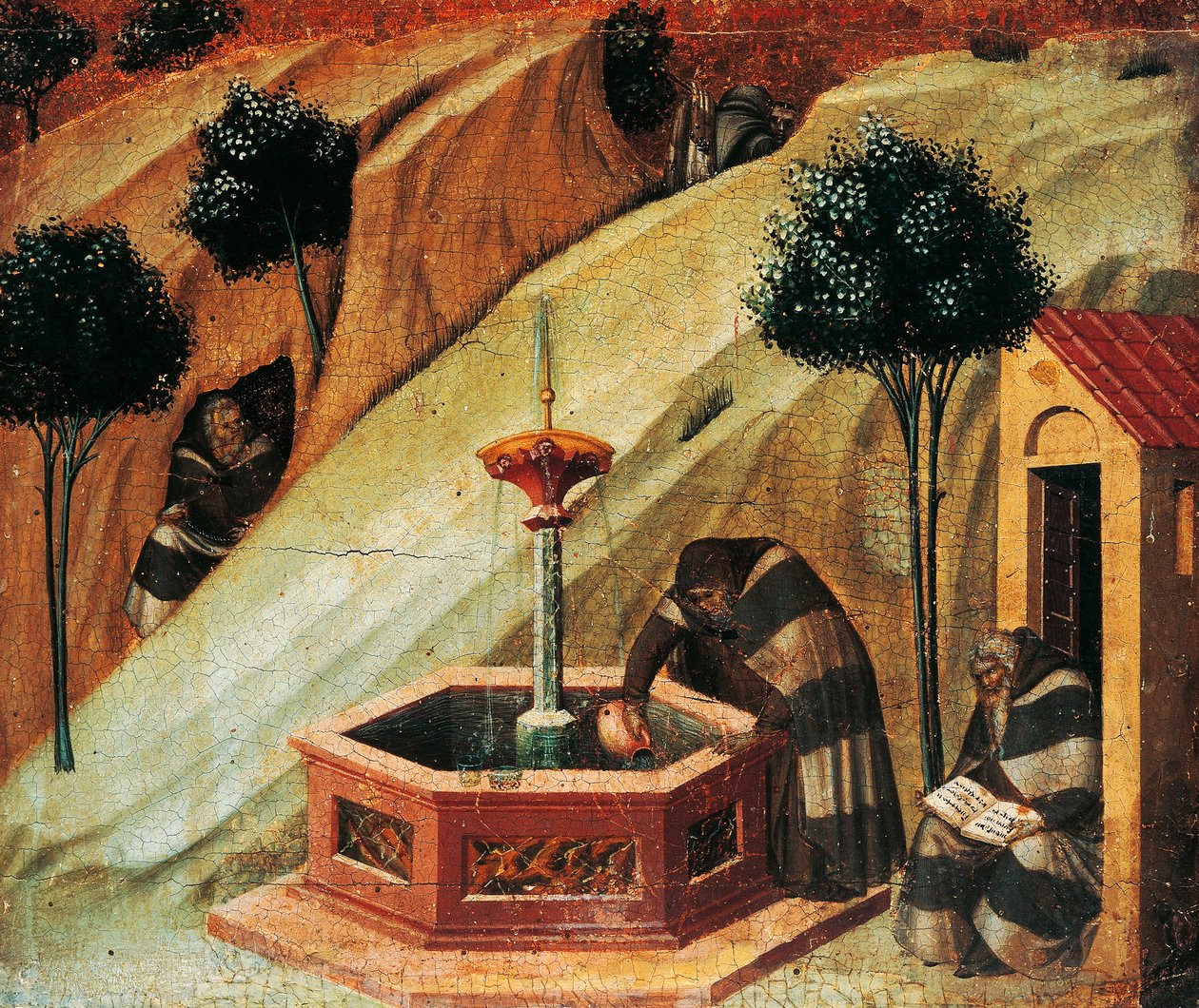 Karmelit hämtar vatten från profeten Elias källa, detalj från karminens altartavla av Pietro Lorenzetti (cirka 1280-1348), tempera och guld på träpanel av Pietro Lorenzetti