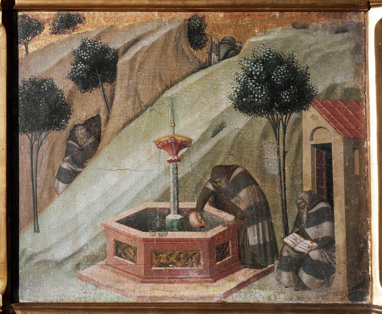 Detalj av altartavlan i Karmel: en eremit med Elias fontän - Fresk av Pietro Lorenzetti