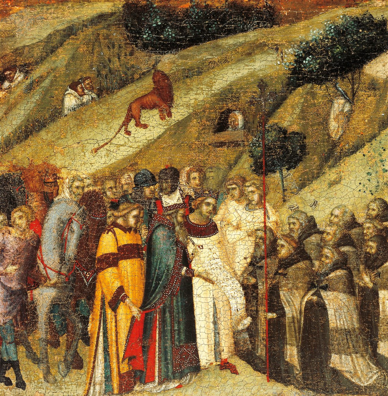 Första karmeliteremiter under våren av Elia, detalj från predella av altartavla för Carmine, Pietro Lorenzetti (cirka 1280-1348), tempera och guld på träpanel av Pietro Lorenzetti
