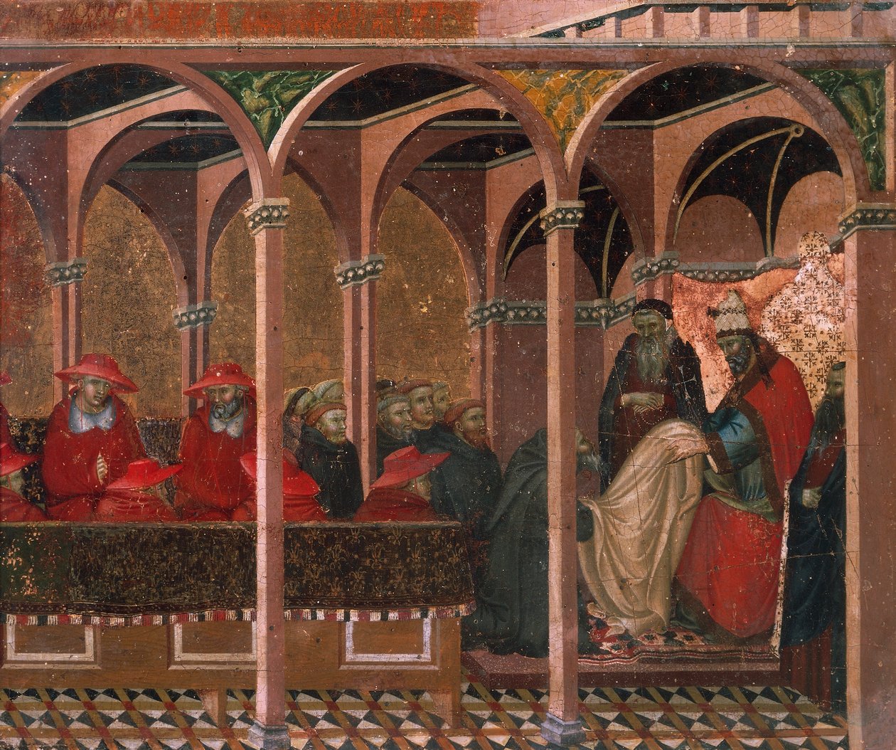 Honorius III godkänner karmelithärska, detalj från predella av altartavla för Carmine av Pietro Lorenzetti (cirka 1280-1348), tempera och guld på träpanel av Pietro Lorenzetti