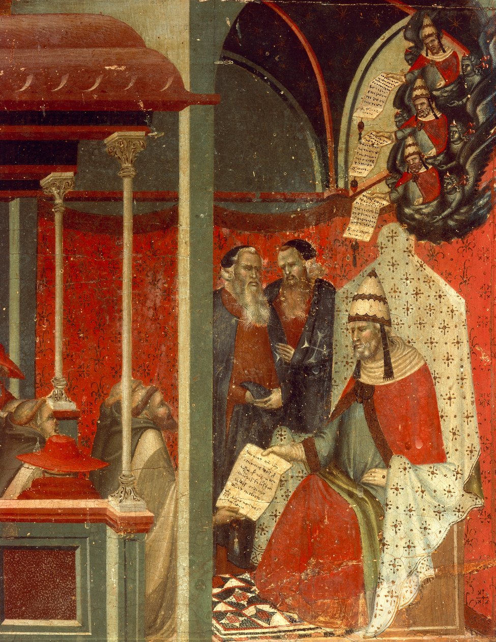 Honorius III godkänner karmeliternas regel, detalj från predella av altartavlan för karminen, av Pietro Lorenzetti (ca 1280-1348), tempera och guld på träpanel av Pietro Lorenzetti