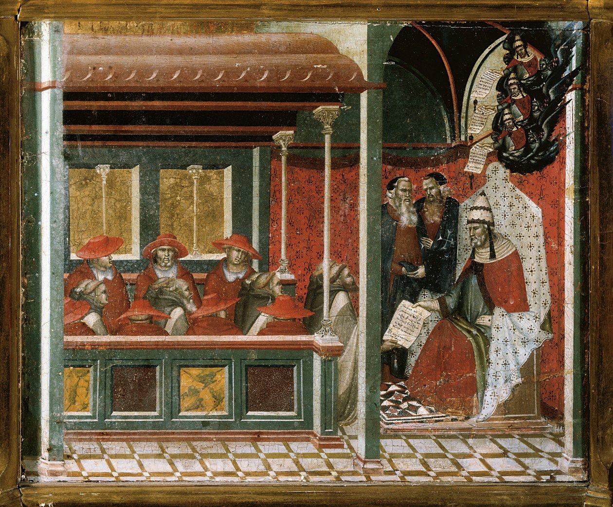 Påven Honorius III godkänner karmeliternas regel, detalj (tempera och guld på trä) av Pietro Lorenzetti