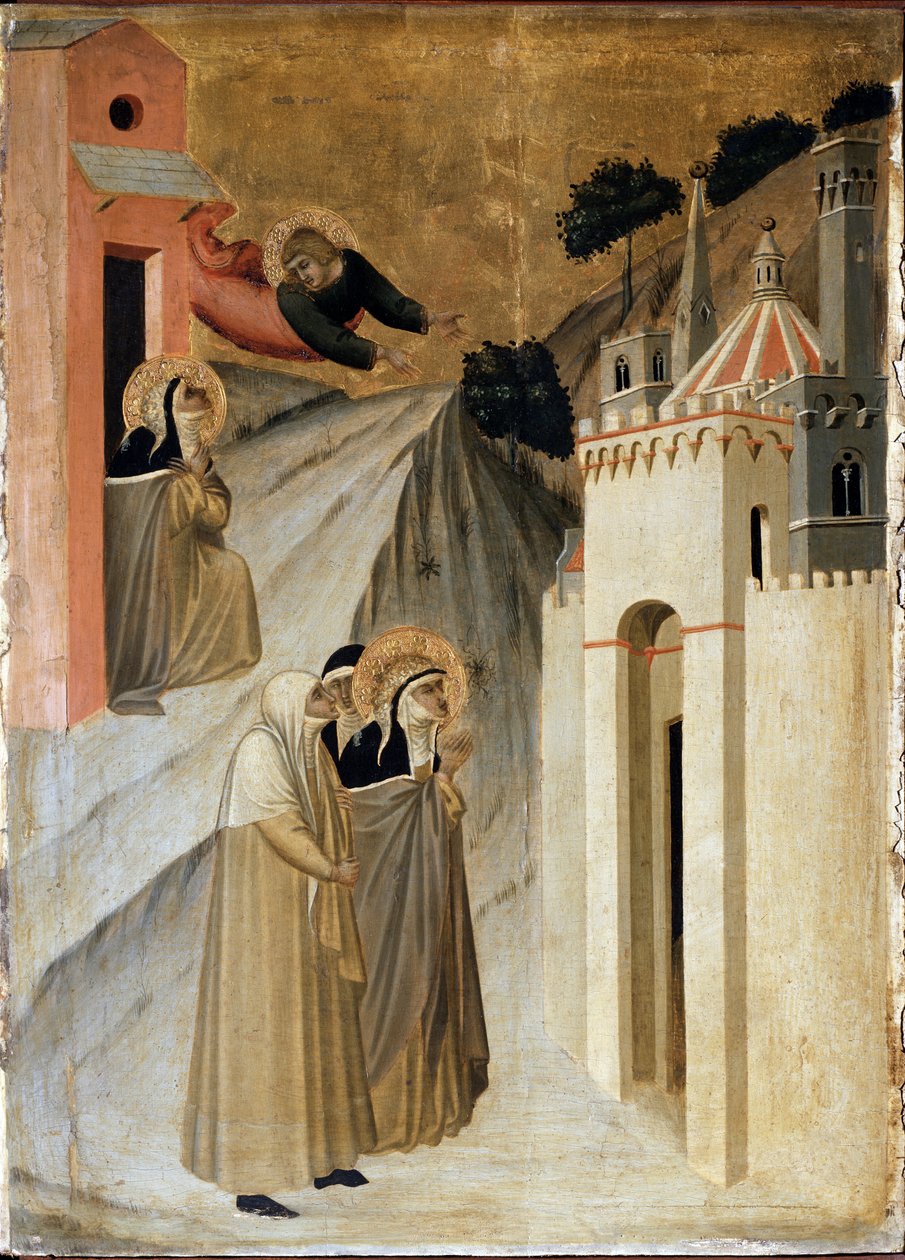 Saint Humility anländer till Florens (detalj av Saint Humilitys polyptykliv) - Detrempe på trä av Pietro Lorenzetti