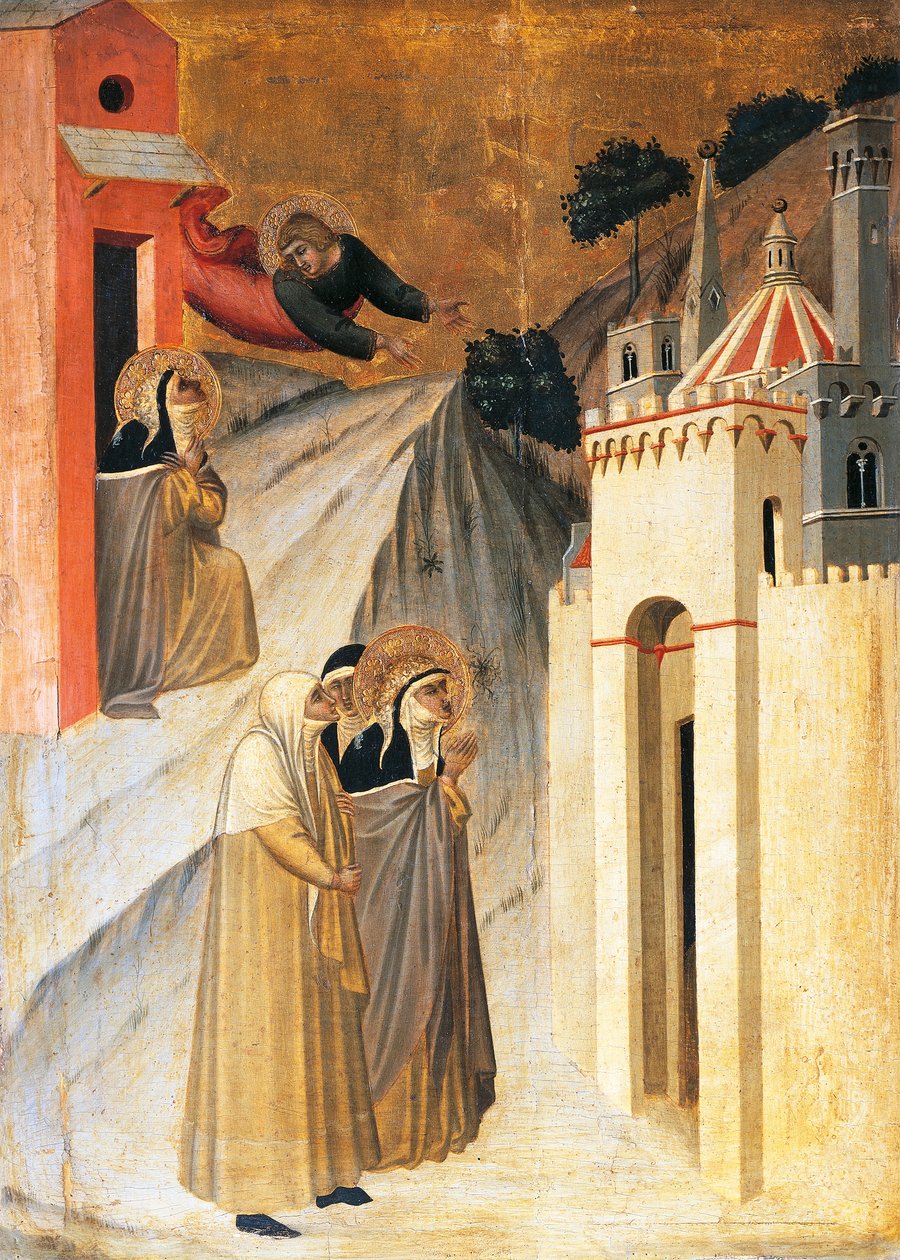 Sankt Johannes beordrar de välsignade att bygga ett kloster i Florens, tegel på altartavlan av den välsignade ödmjukheten, av Pietro Lorenzetti (ca 1280-1348), tempera och guld på träpanel. av Pietro Lorenzetti