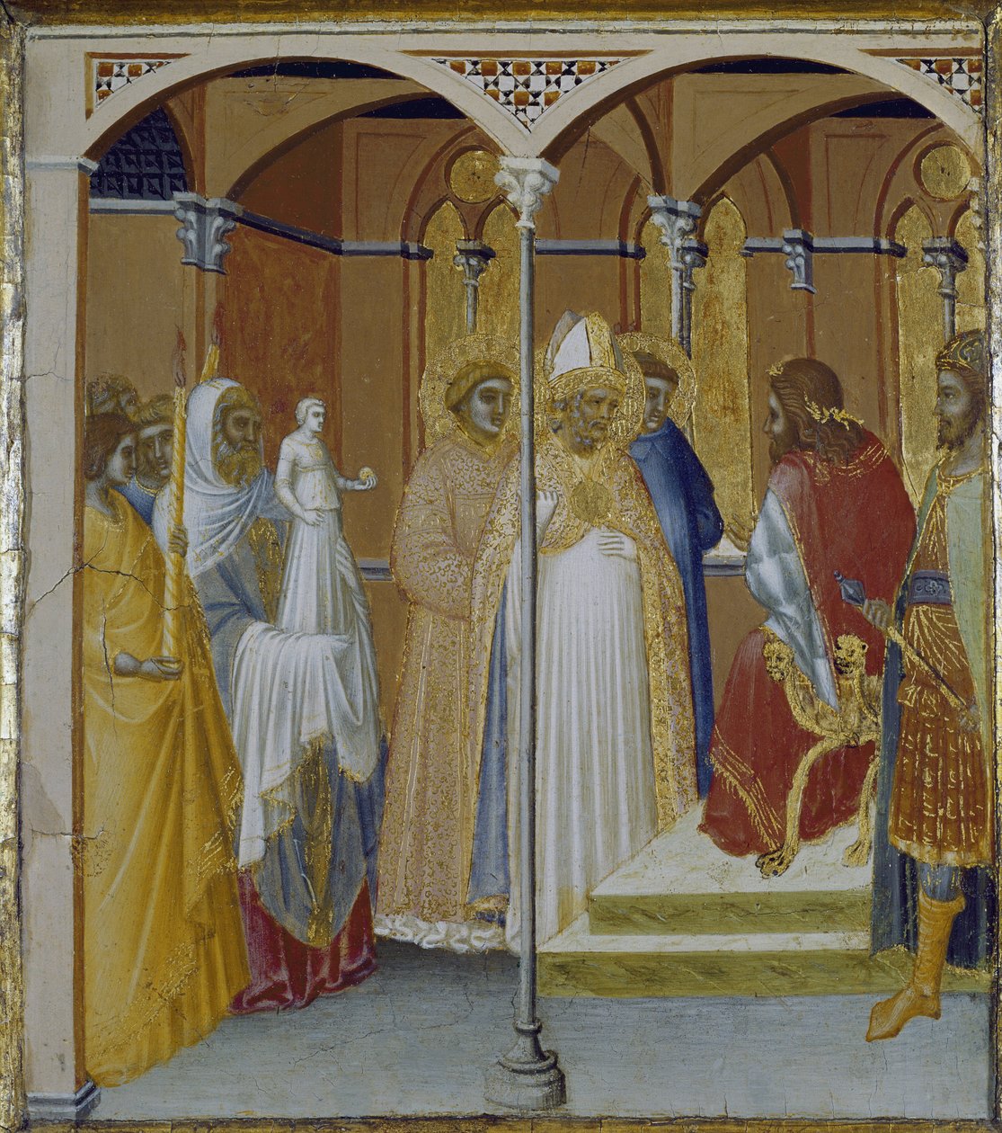 StSabina av Spolete före guvernören i Toscana Venustiano (tempera och bladguld på trä av Pietro Lorenzetti