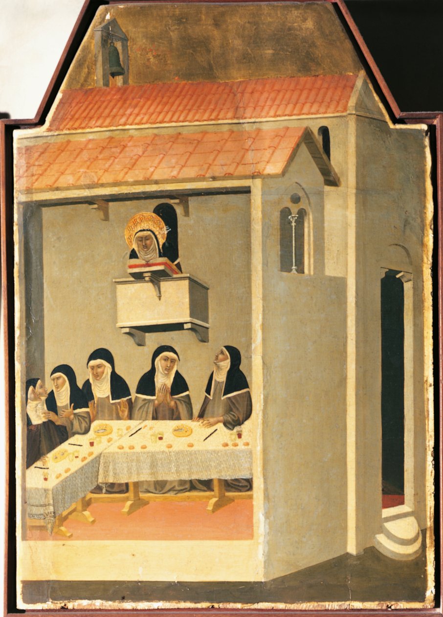 Den välsignade ödmjukheten lyckas mirakulöst läsa i matsalen i Santa Perpetua, kakel från altartavlan av den välsignade ödmjukheten av Pietro Lorenzetti (ca 1280-1348), tempera och guld på trä av Pietro Lorenzetti