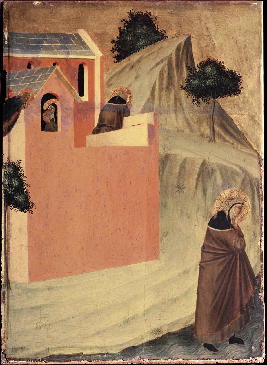 Helgonet lämnar klostret St Perpetua och korsar floden Lamone (Polytyk över Saint Humilitys liv) - Detrempe på trä 1300-talet av Pietro Lorenzetti