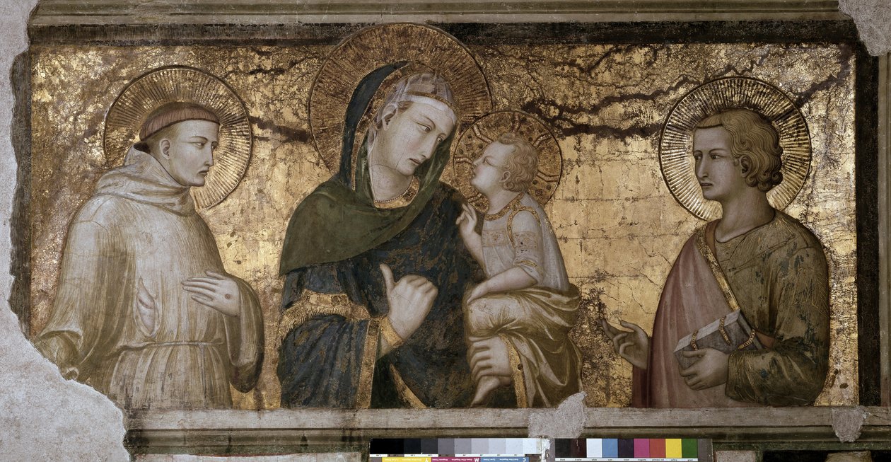 Jungfrun och barnet mellan Saint John och Saint Francois Fresco av Pietro Lorenzetti (1280-1348) i Assisi (Assisi), Nedre basilikan, Orsini-kapellet. av Pietro Lorenzetti
