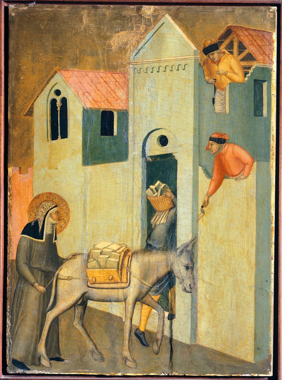 Den välsignade går och tigger om material för att bygga klostret, kakel från den välsignade ödmjukhetens altartavla, av Pietro Lorenzetti (ca 1280-1348), tempera och guld på träpanel. av Pietro Lorenzetti