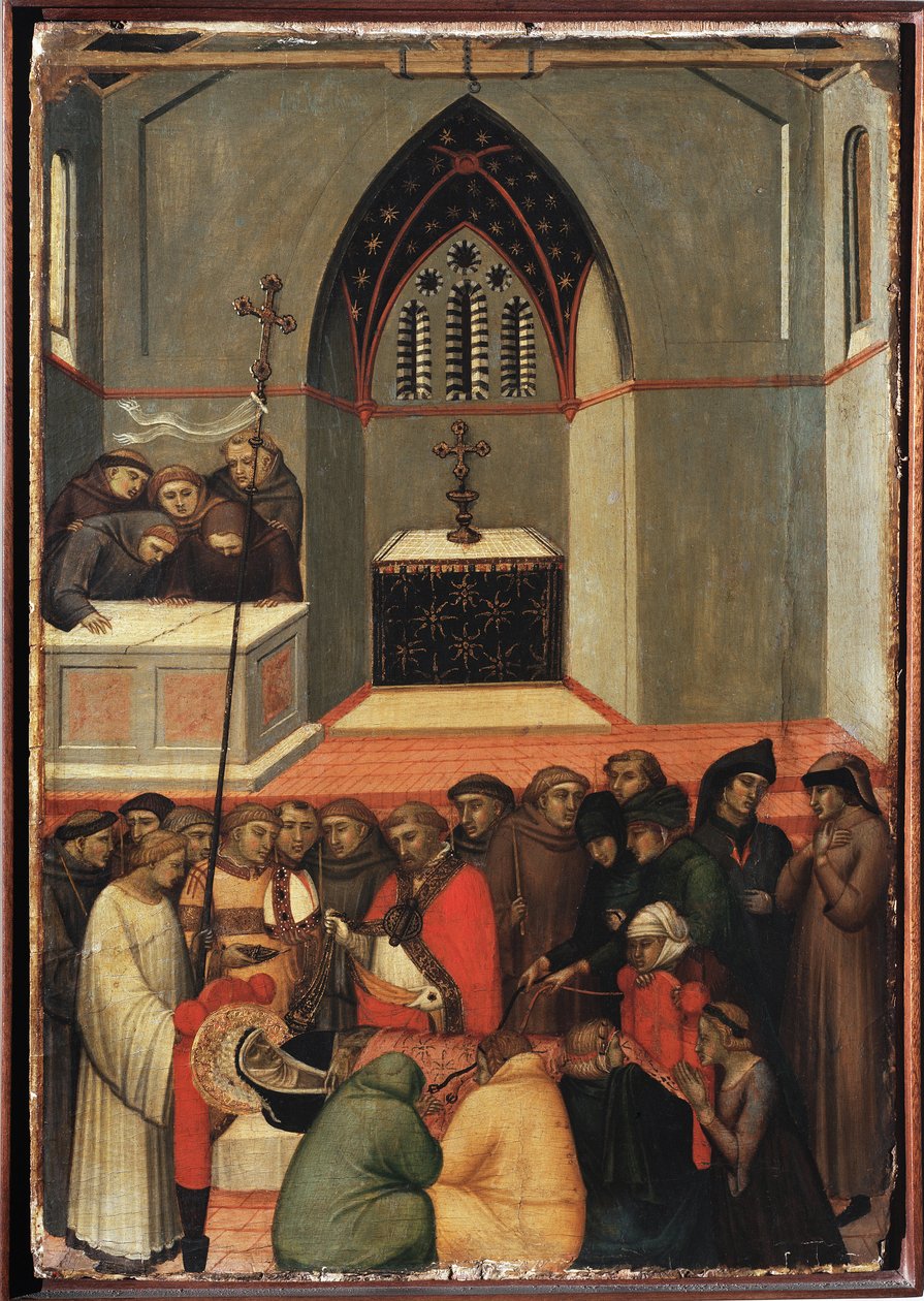 Den uppgrävda kroppen av st Ödmjukheten är oförstörd (Polyptich of the life of Saint Humility) - Detrempe på trä 1300-talet av Pietro Lorenzetti
