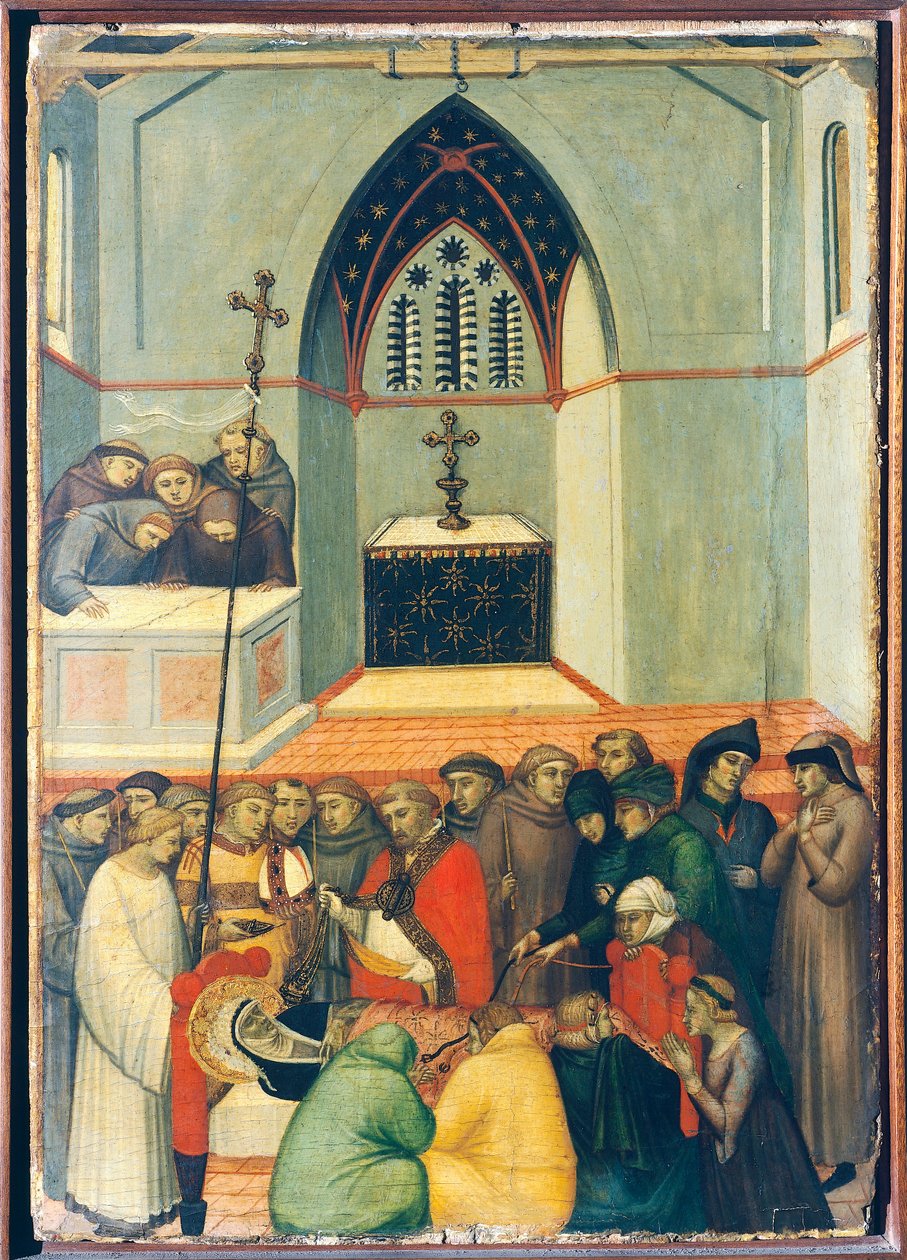 Den uppgrävda kroppen av den välsignade finns intakt och fräsch, kakel på altartavlan av den välsignade ödmjukheten, av Pietro Lorenzetti (ca 1280-1348), tempera och guld på träpanel. av Pietro Lorenzetti