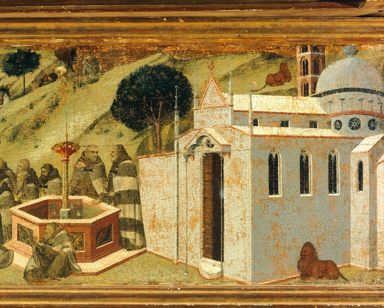 De första karmeliternas eremiter vid Elias vår, detalj från predella av altartavlan för Carmine, Pietro Lorenzetti (ca 1280-1348), tempera och guld på trä, Pinacoteca Nazionale, Siena av Pietro Lorenzetti