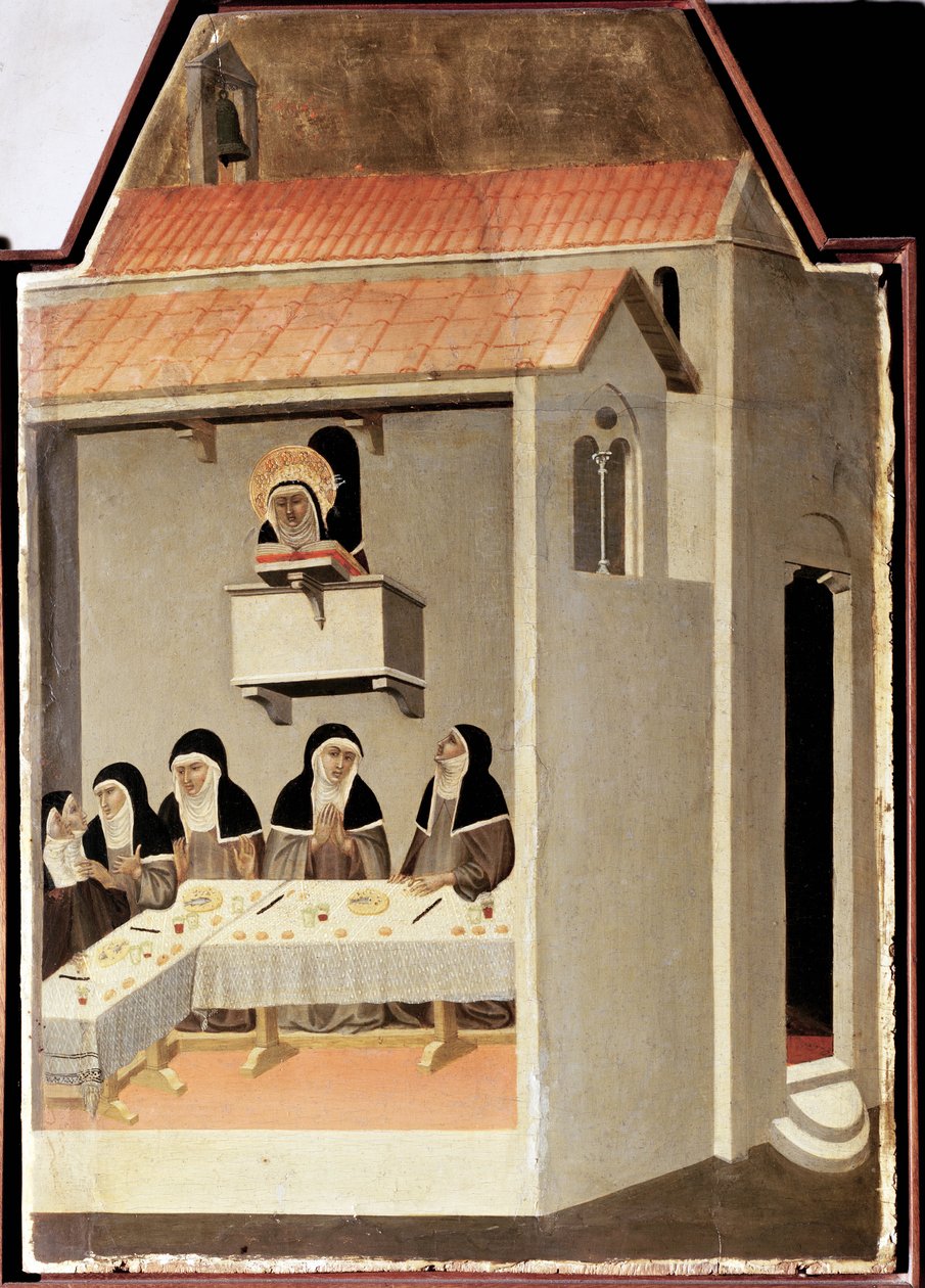 Det analfabete helgonet läser mirakulöst (Polyptyk av den heliga ödmjukhetens liv) - Detrempe på trä 1300-talet av Pietro Lorenzetti