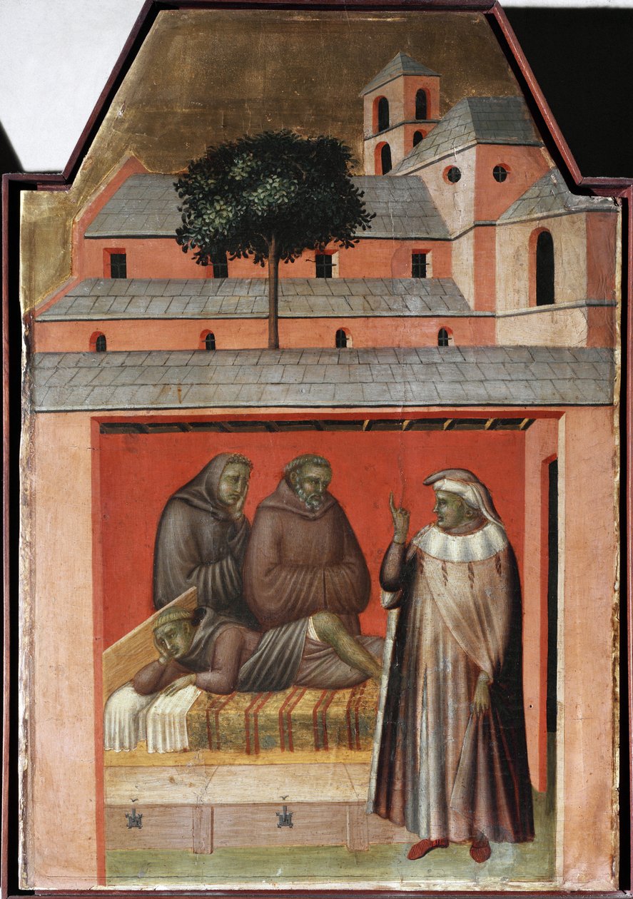 Helgonet tar med tegelstenar för att bygga ett nytt kloster i Florens (detalj av polyptiken liv Saint Humility) - Detrempe på trä av Pietro Lorenzetti
