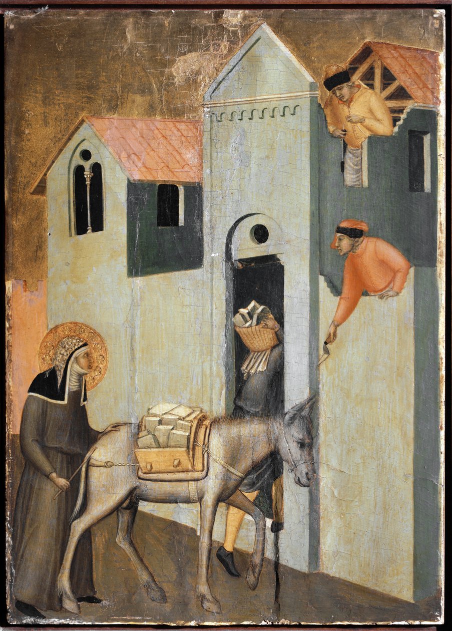 Helgonet tar med tegelstenar för att bygga ett nytt kloster i Florens (detalj av den heliga ödmjukhetens polyptykliv) - Detrempe på trä av Pietro Lorenzetti