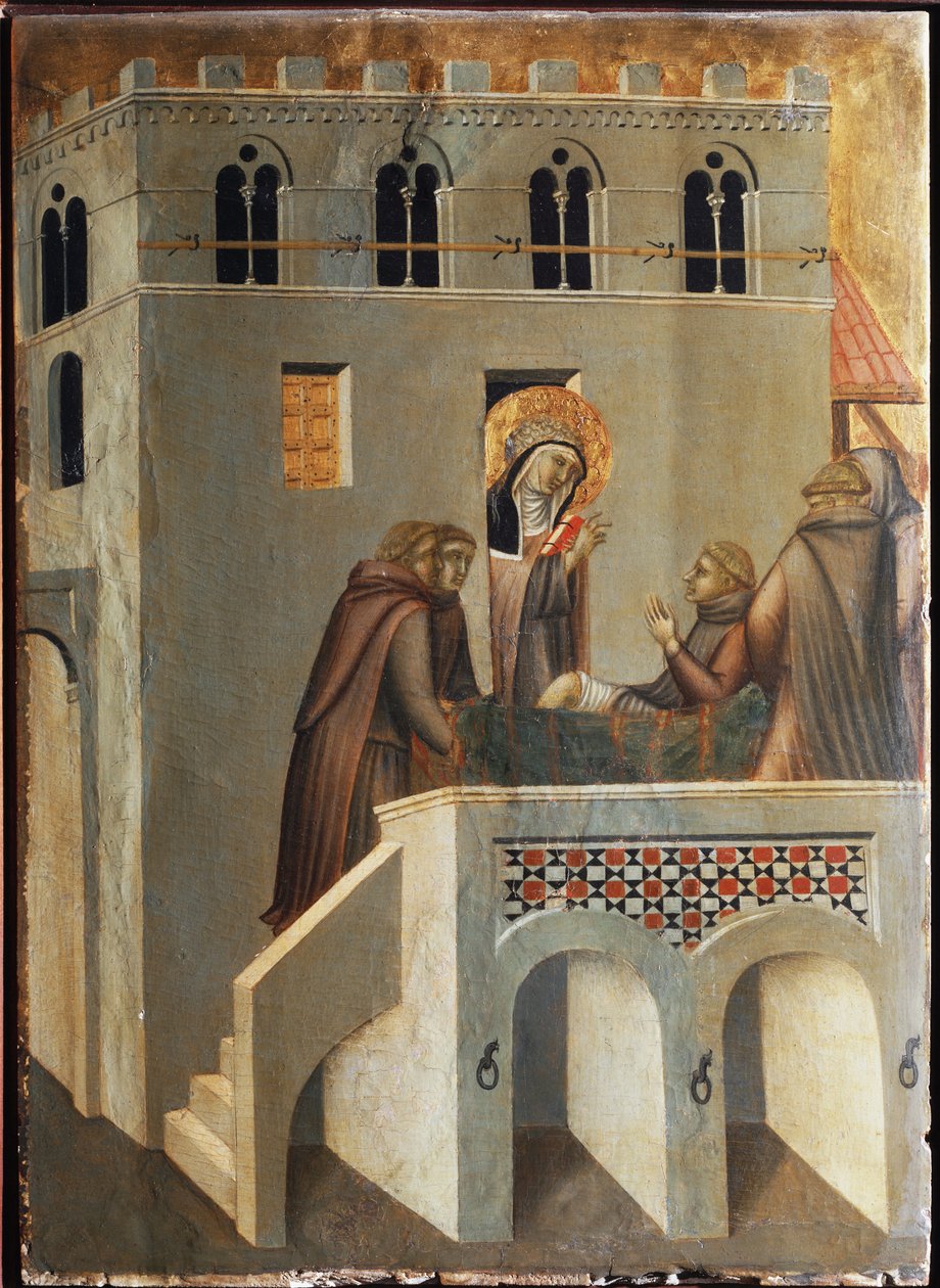Helgonet botar foten av en munk (Polyptyk av den heliga ödmjukhetens liv) - Detrempe på trä 1300-talet av Pietro Lorenzetti