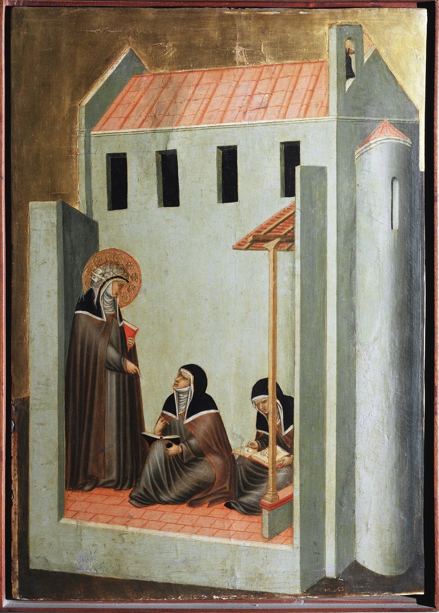 Helgonet dikterar hennes predikningar (Polyptyk av den heliga ödmjukhetens liv) - Detrempe på trä 1300-talet av Pietro Lorenzetti