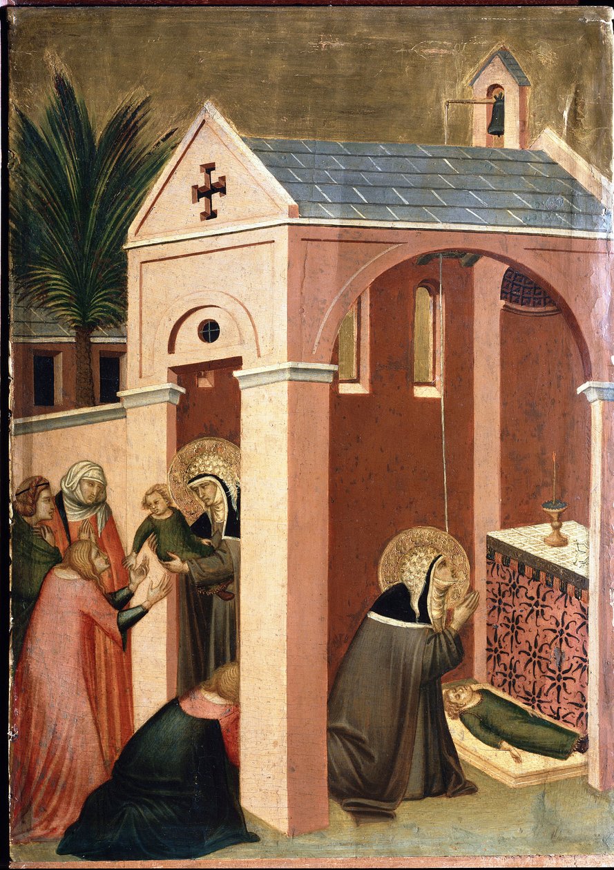 Helgonet återuppväcker sonen till en gentleman (Polyptich of the life of Saint Humility) - Detrempe på trä 1300-talet av Pietro Lorenzetti