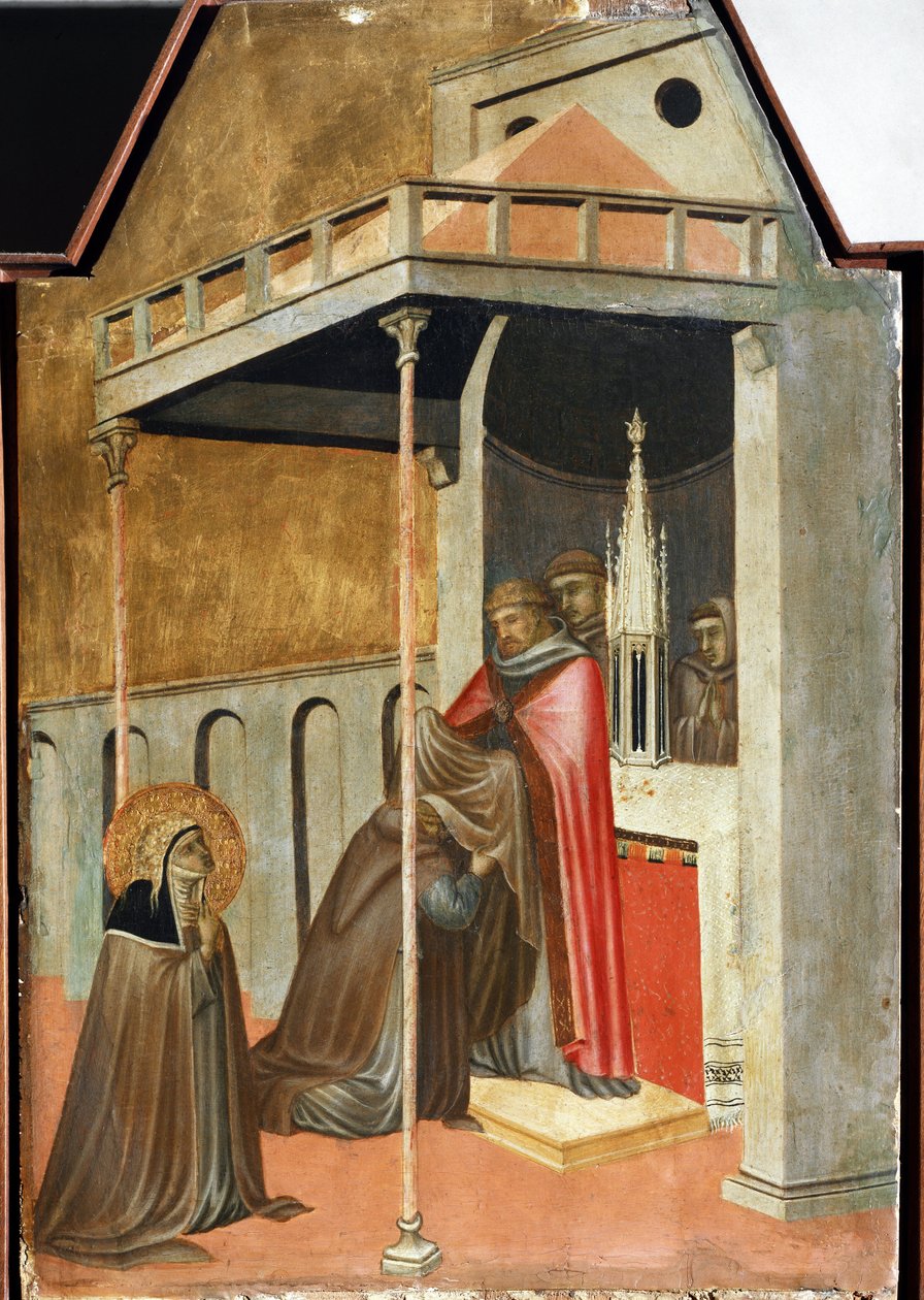 Ugolotti tog den monastiska vanan (detalj av den heliga ödmjukhetens polyptykliv) - Detrempe på trä av Pietro Lorenzetti