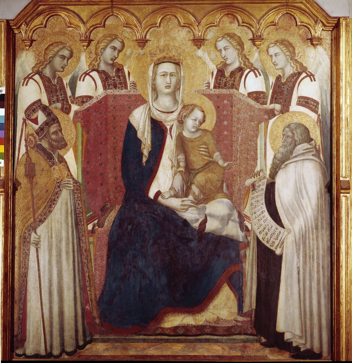 Jungfru och barn mellan St. Nicholas och St. Elia. Centralpanel, Altartavla av Karmel (Tempera på trä av Pietro Lorenzetti