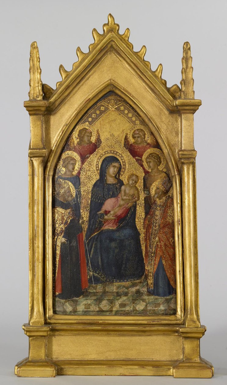 Jungfru och barn med heliga Augustinus, Nicholas, Catherine, Lucy och änglar, ca 1340-45 (tempera och bladguld på panel) av Pietro Lorenzetti