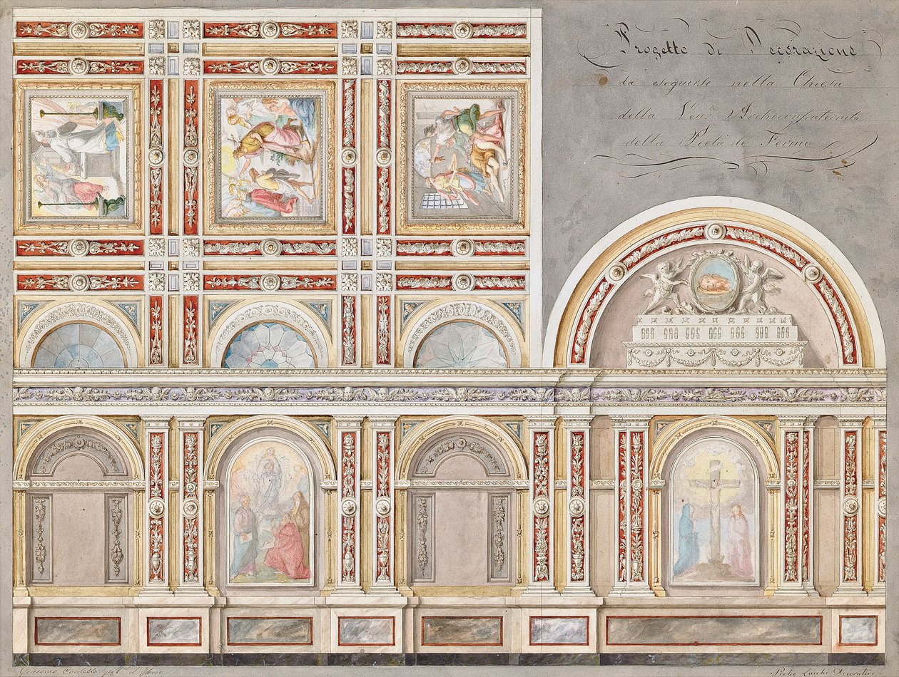 Studie av fresken av Giacomo Cordella i det inre av Chiesa della Pieta, Fermo (penna, penna & brunt bläck & w/c på papper) av Pietro Lucchini