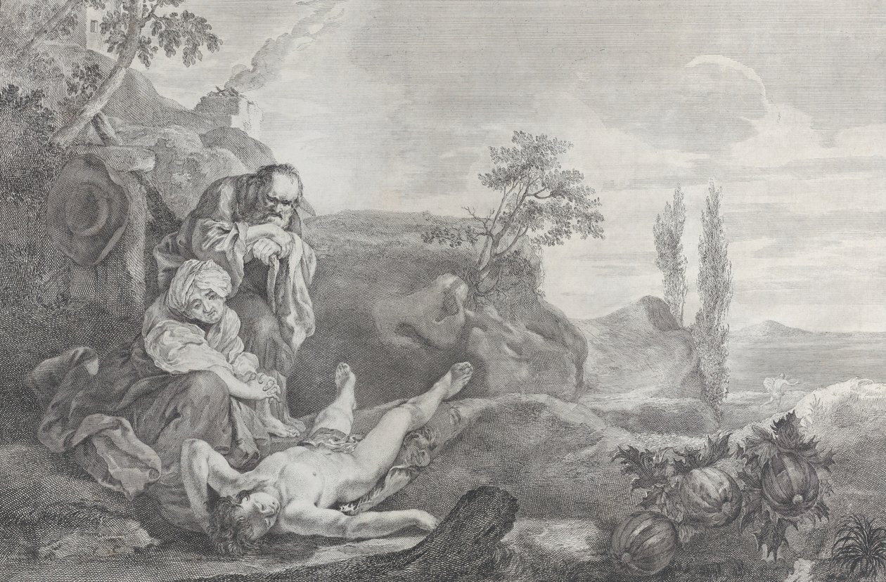 Adam och Eva till vänster, som ett äldre par, sörjande över Abels lik som ligger i..., 1743-63. av Pietro Monaco