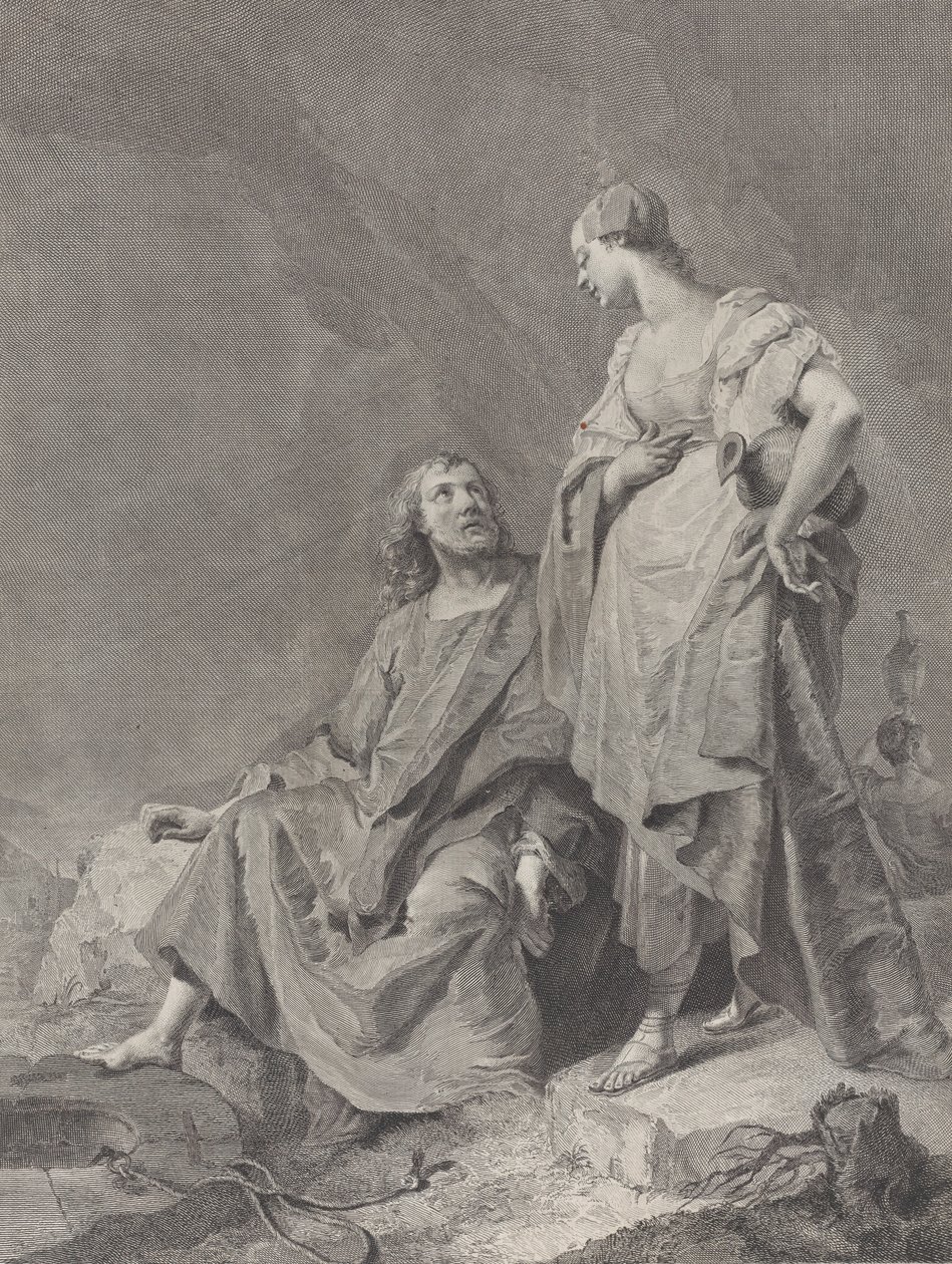 Kristus och Samariens kvinna vid brunnen, från serien med 112 avtryck av helgen..., 1743-63 av Pietro Monaco