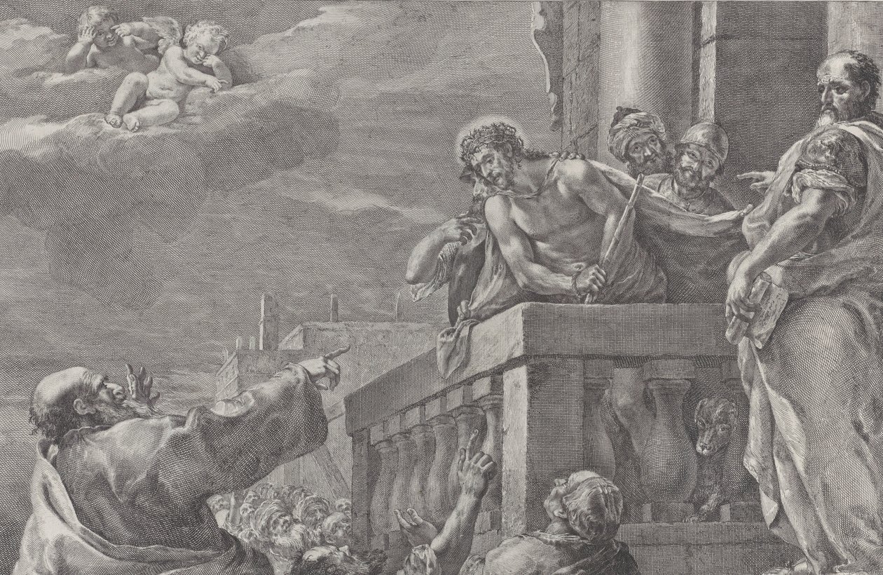 Kristus på en balkong omgiven av vakter, Pilatus står till höger och gestikulerar towa..., ca. 1730-39. av Pietro Monaco