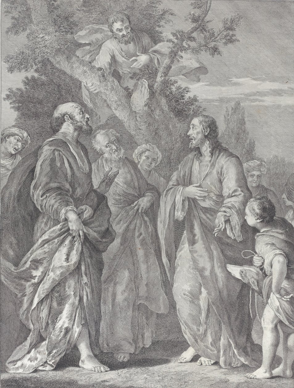 Sackeus omvändelse, med Kristus till höger tilltalande till skatteindrivaren, som sitter..., 1730-39. av Pietro Monaco