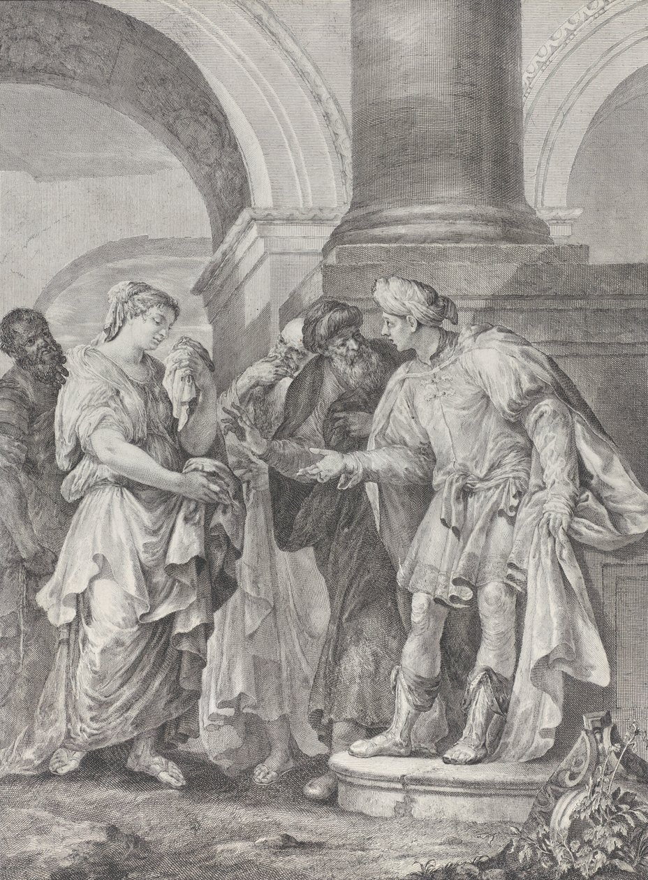 Daniel argumenterar med de äldste medan Susanna står till vänster, 1732-50. av Pietro Monaco