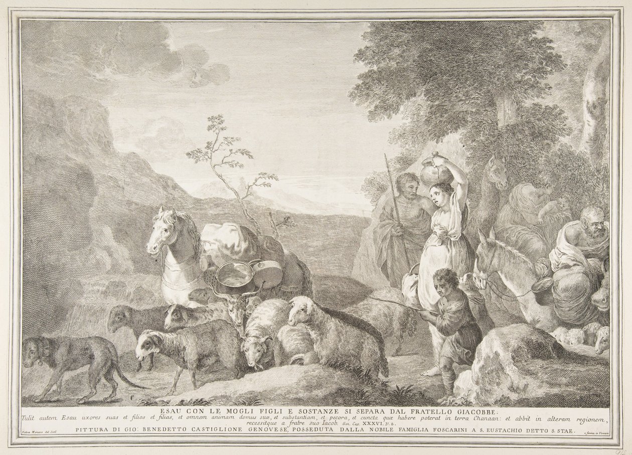 Esau och hans familj skiljer sig från Jakob Esau med sina hustrur söner och substanser sepa ..., 1743-63. av Pietro Monaco