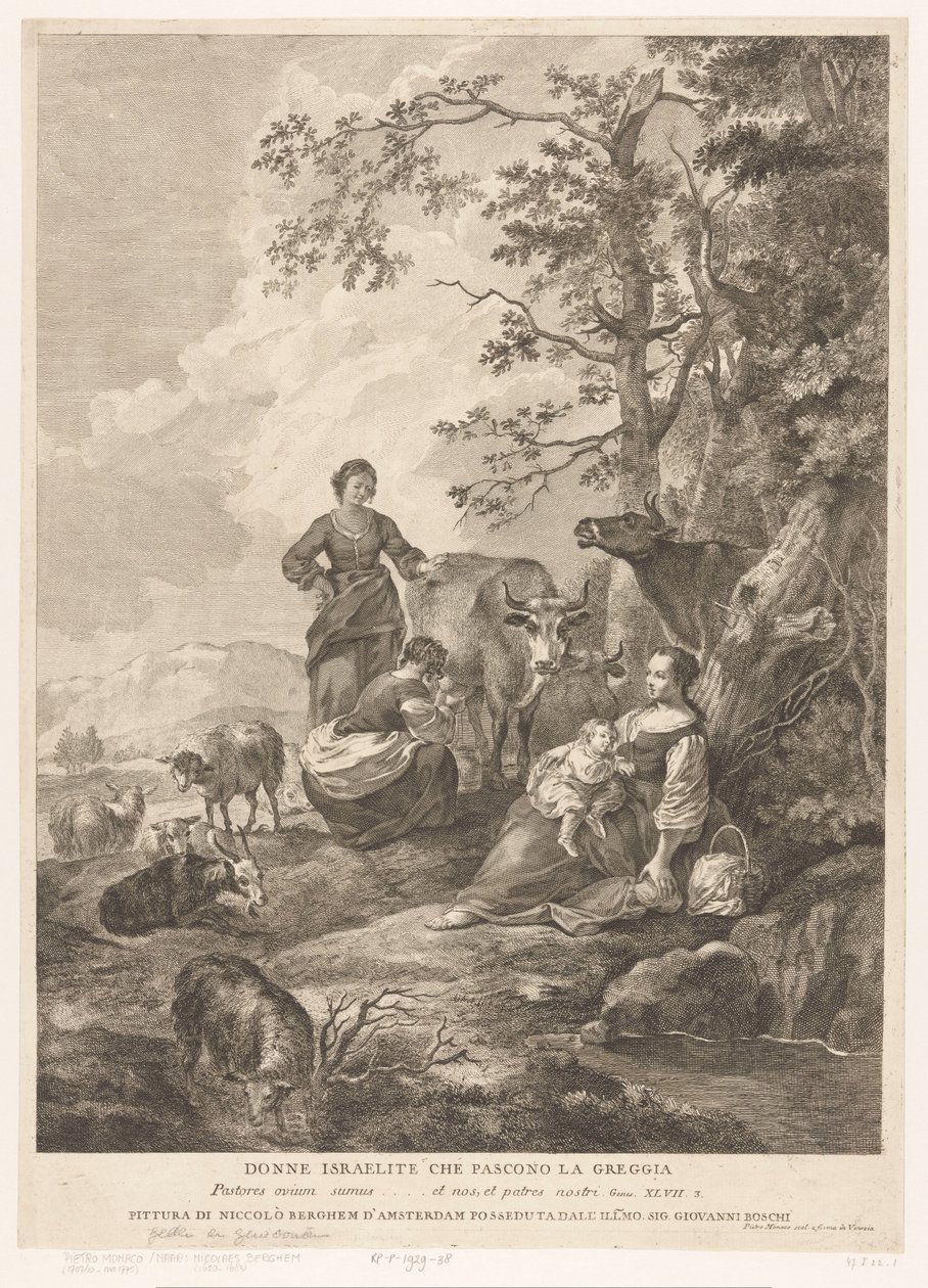 Israelitiska kvinnor vallar hjorden Donne Israelite che pascono la greggia (titel på objekt) Nya och Gamla testamentet (serietitel) av Pietro Monaco