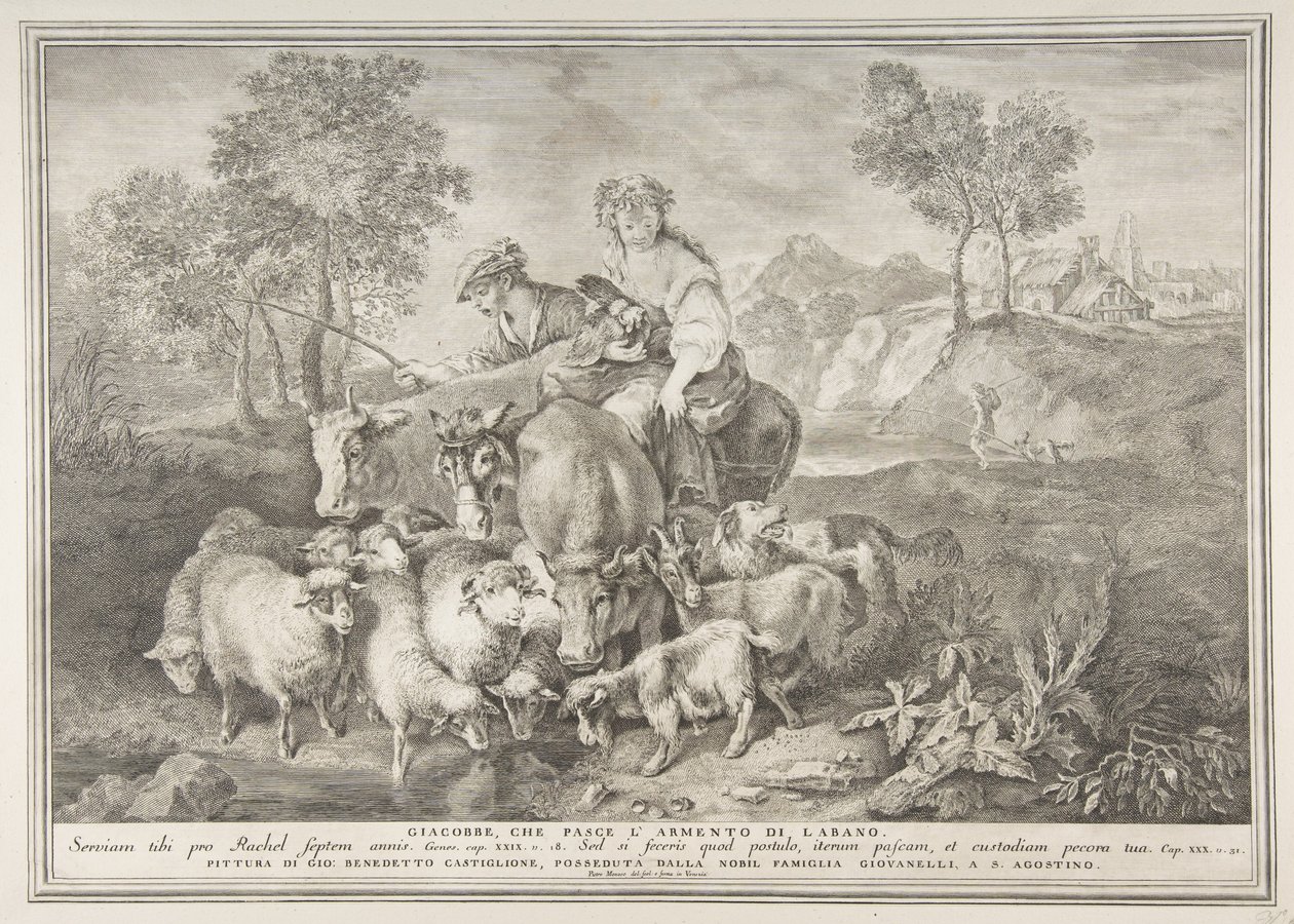 Jakob skötte Labans flock Jakob, utfodrade Labans hjord, 1743-63. av Pietro Monaco