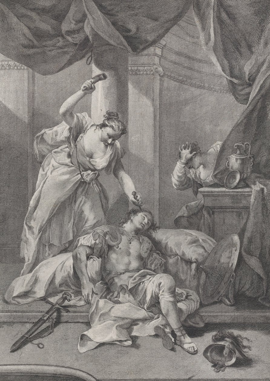 Jael slår en tältpinne i den sovande Siseras tempel, till höger a se..., ca. 1730-39. av Pietro Monaco