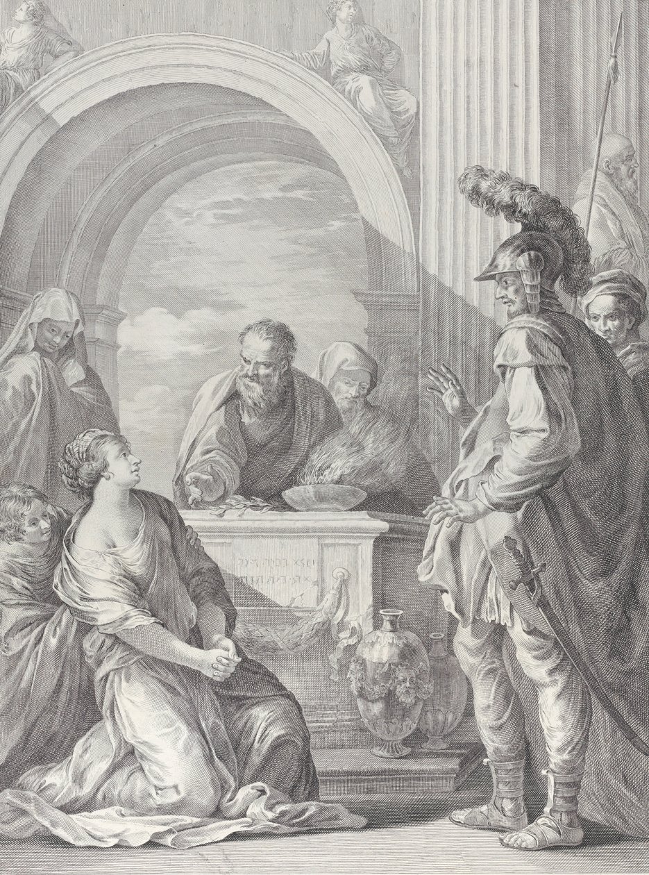 Jeftas dotter på knä vid offeraltaret, med sin far stående vid högra..., 1730-50. av Pietro Monaco