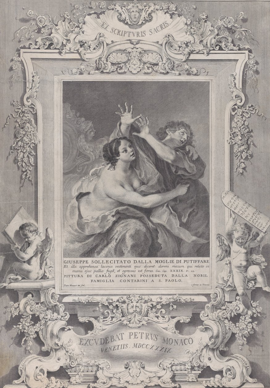Josef och Potifars hustru, inom en utsmyckad ram, 1739. av Pietro Monaco