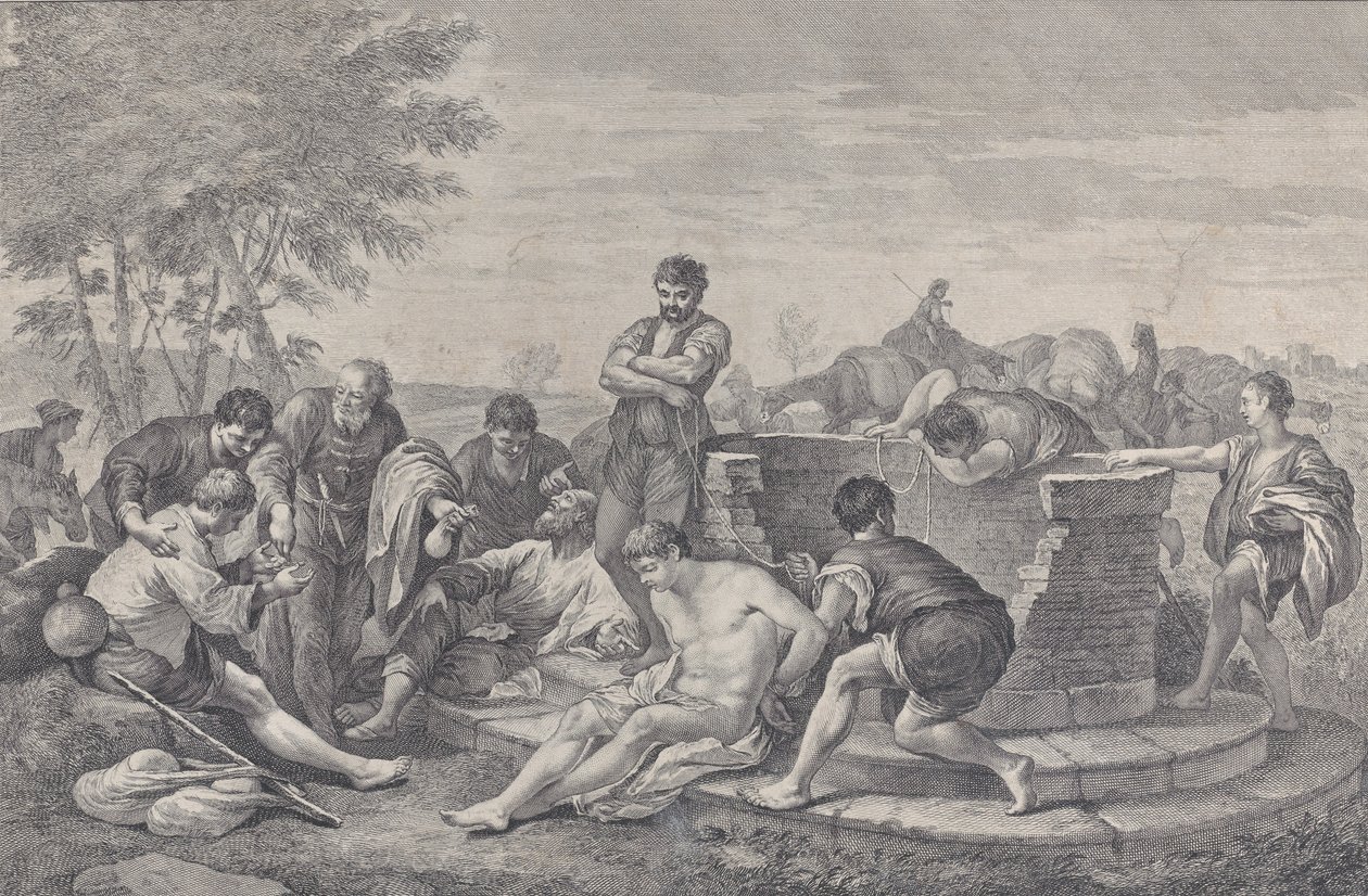 Josef såldes till slaveri av sina bröder, som sitter runt en brunn som delar upp c..., 1730-39. av Pietro Monaco