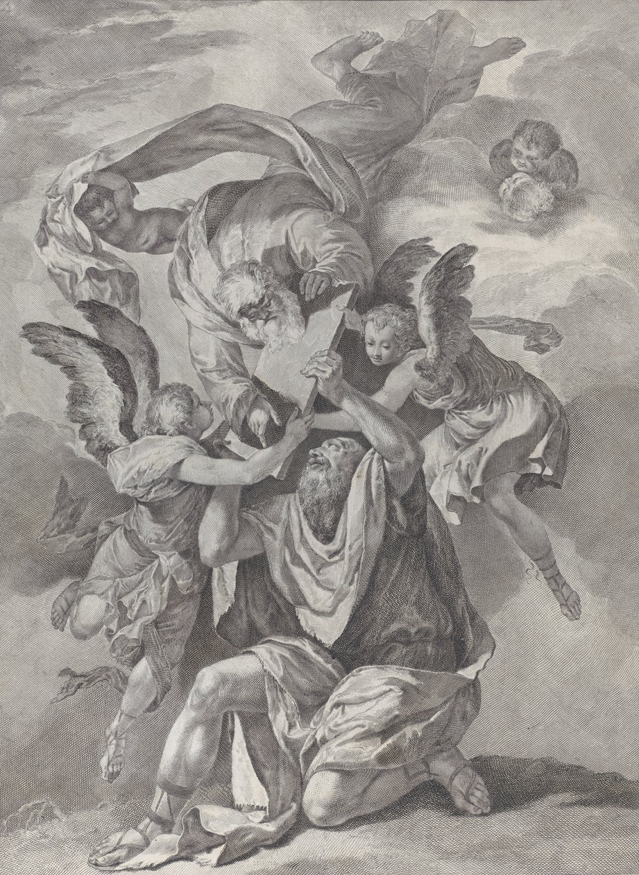 Moses tar emot lagens tavlor från Gud som stiger ner från himlen, från..., ca. 1730-39. av Pietro Monaco