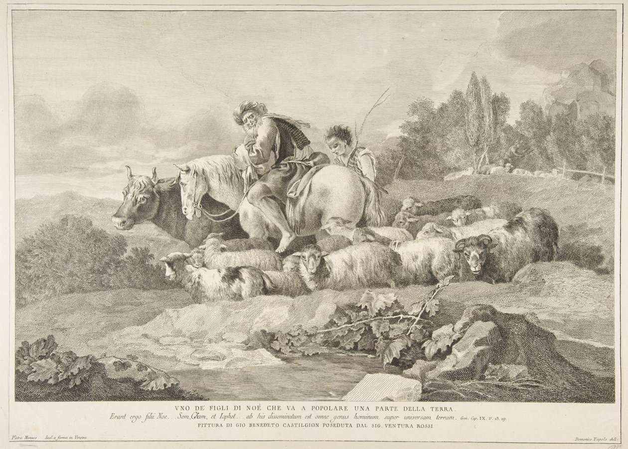 En av Noas söner som går för att befolka en del av jorden Uno de figli di Noè c..., 1743-63. av Pietro Monaco