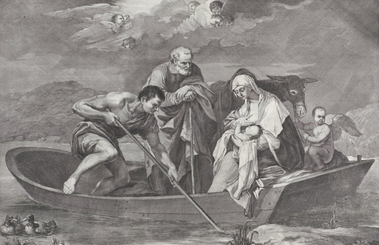 Flygningen till Egypten, med den heliga familjen i en båt, 1730-50. av Pietro Monaco