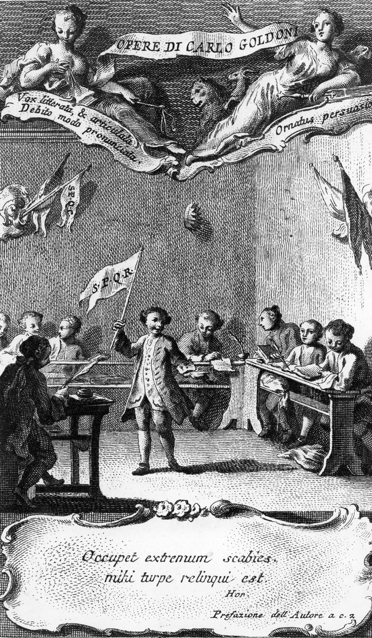 Carlo Goldoni viftar med en flagga för att fira att han passerat sitt år på jesuitskolan i Perugia, från 