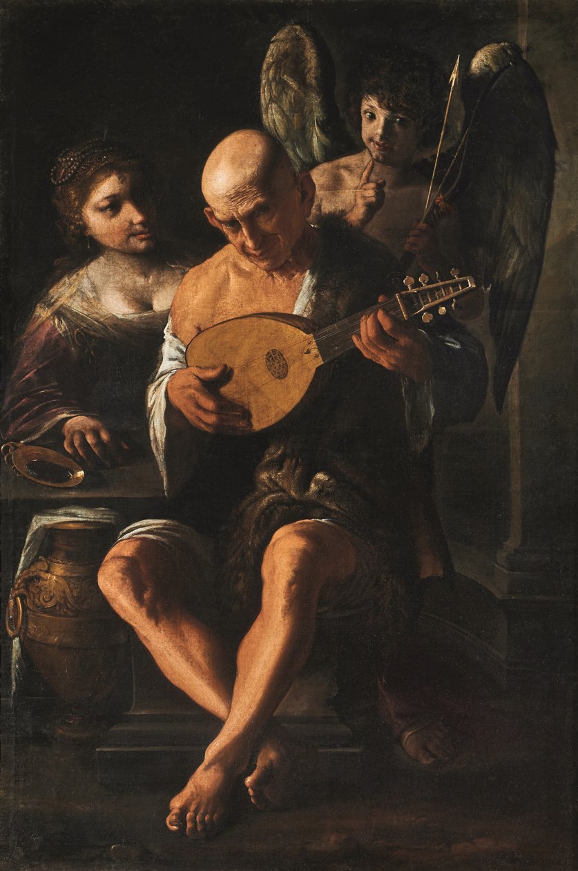 En äldre man spelar gitarr med en kvinna och en putto i bakgrunden (olja på duk) av Pietro Paolini