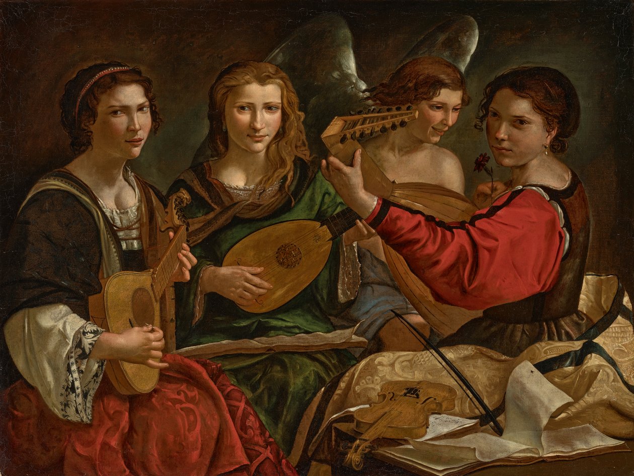 Luthspelare och en ängel (olja på duk) av Pietro Paolini