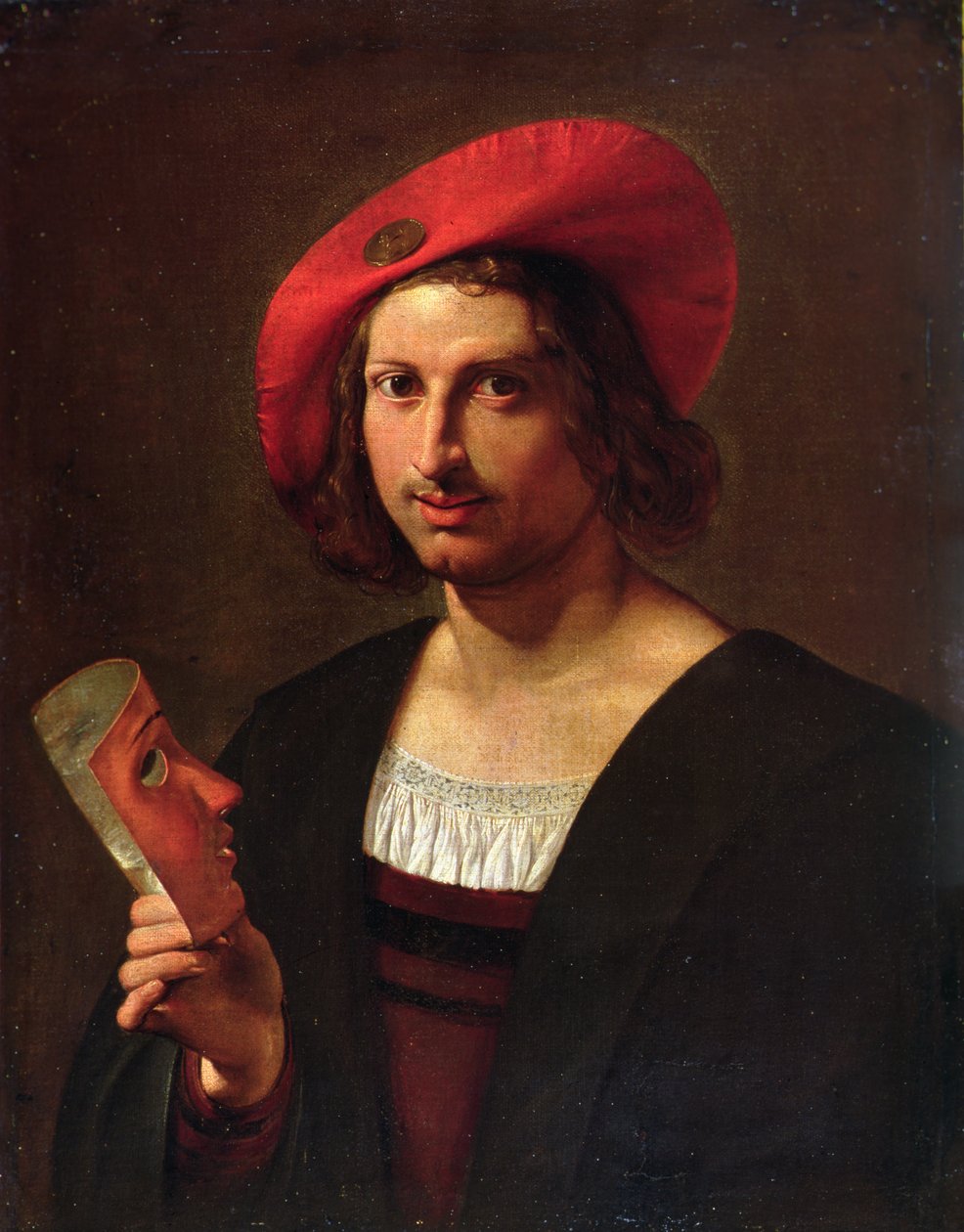 Porträtt av en ung man som bär en hatt med ett märke och håller en mask (olja på duk) av Pietro Paolini